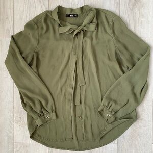Olive Green Tie Front Long Sleeve Bow Blouse